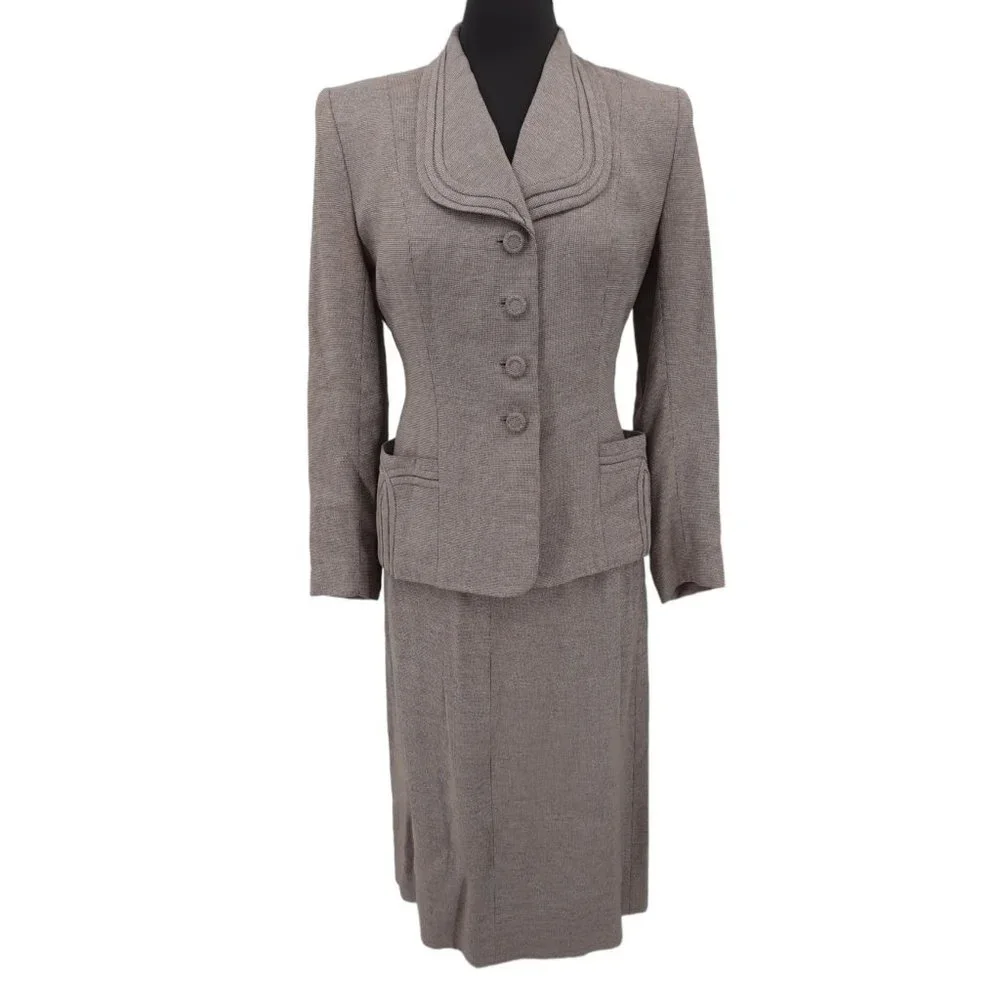 VTG 40s Brown Houndstooth Gabardine Blazer Pencil Skirt Suit Set Size S Neutral - Picture 1 of 11